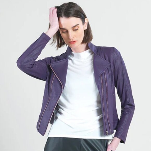 Clara Sun Woo Jacket Small Purple Eggplant Liquid Leather Double Zip Moto Edgy